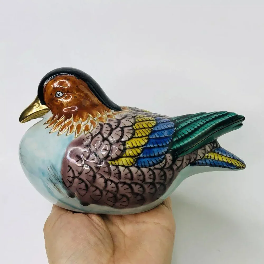 Vintage Bird Figurine Japanese Kutani Mandarin Duck Painted Gilded Signed Stamp - Picture 3 of 9